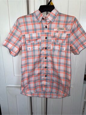 Magellan Boys Outdoors Short-Sleeve Plaid Button-Up Shirt in Coral and Blue